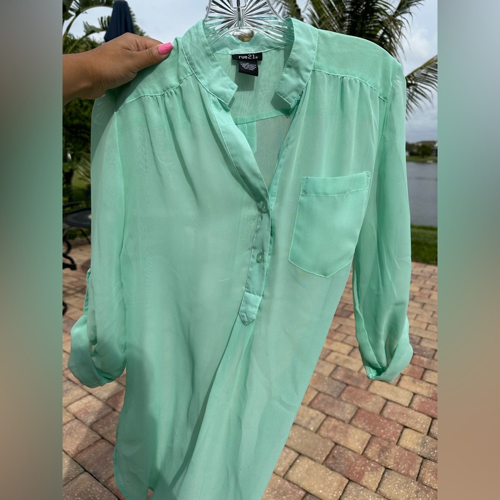 Sheer Light Teal Blouse with rolled up sleeves